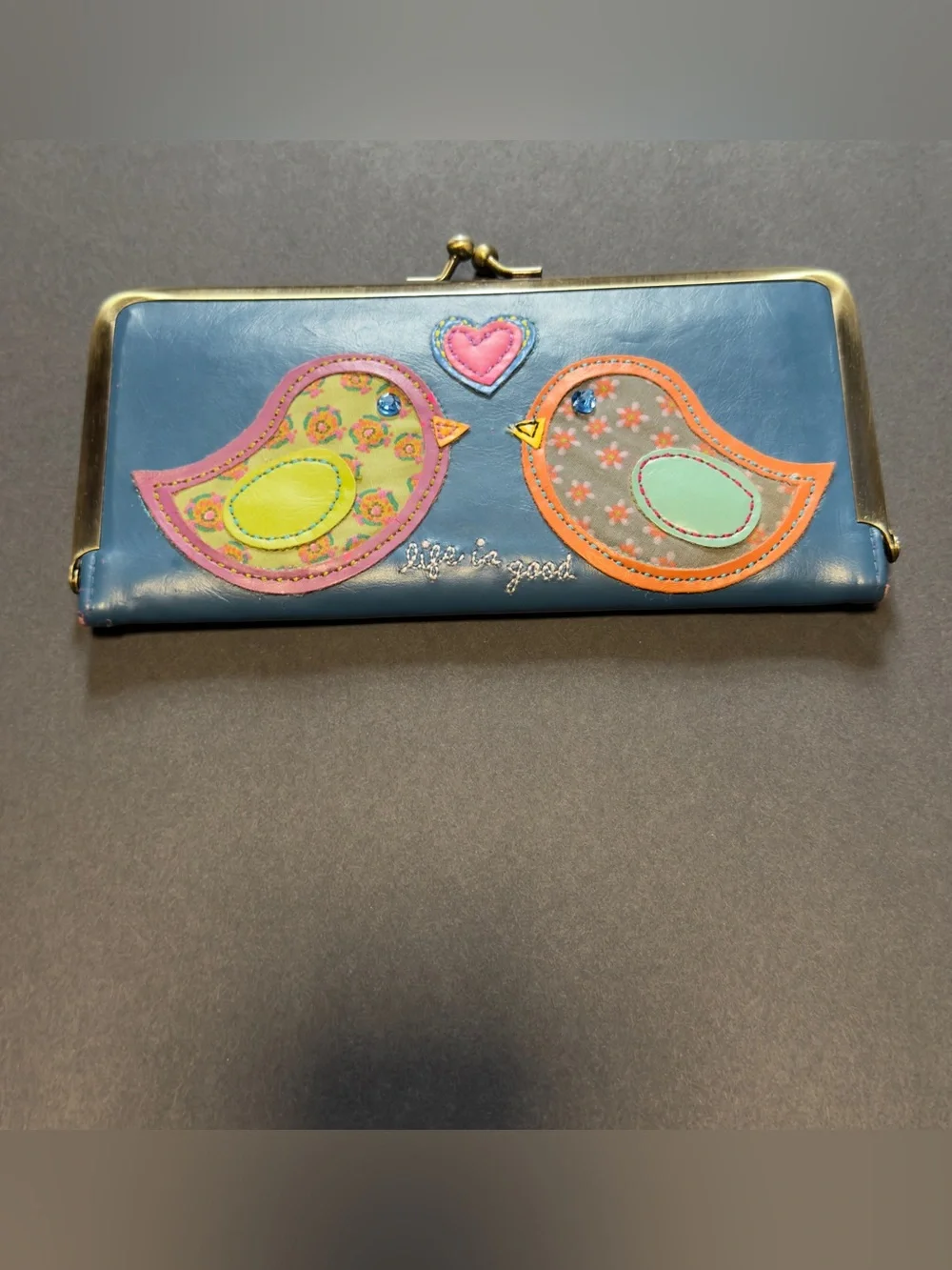 Life Is Good Love Birds Kiss Lock Clutch Checkbook Wallet Boho Blue
